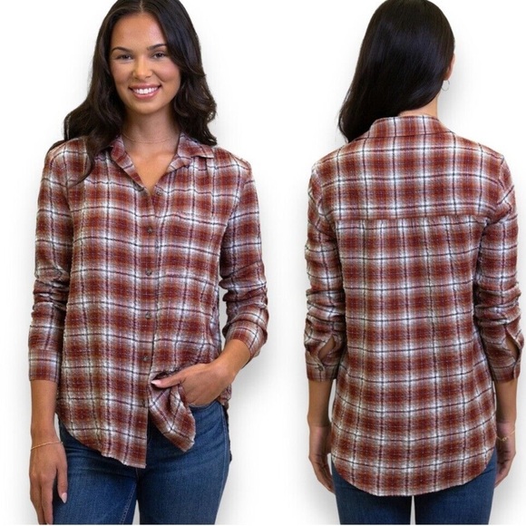 beachlunchlounge Plaid Shirt Woman L Red Elliot Button Up Long Sleeve - Picture 1 of 15